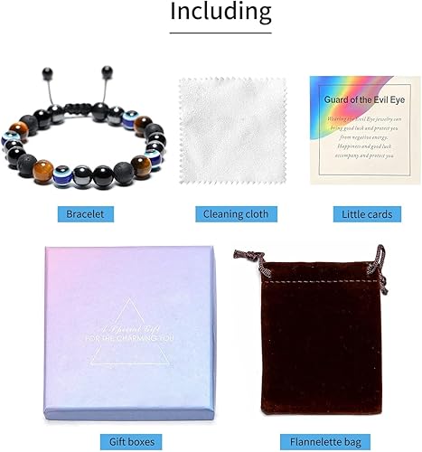 Miniatura 6 de Pulsera contra el mal de ojo para hombre, pulsera de protección múltiple, obsidiana y ojo de tigre, piedra volcánica de hematita, alivia el estrés,