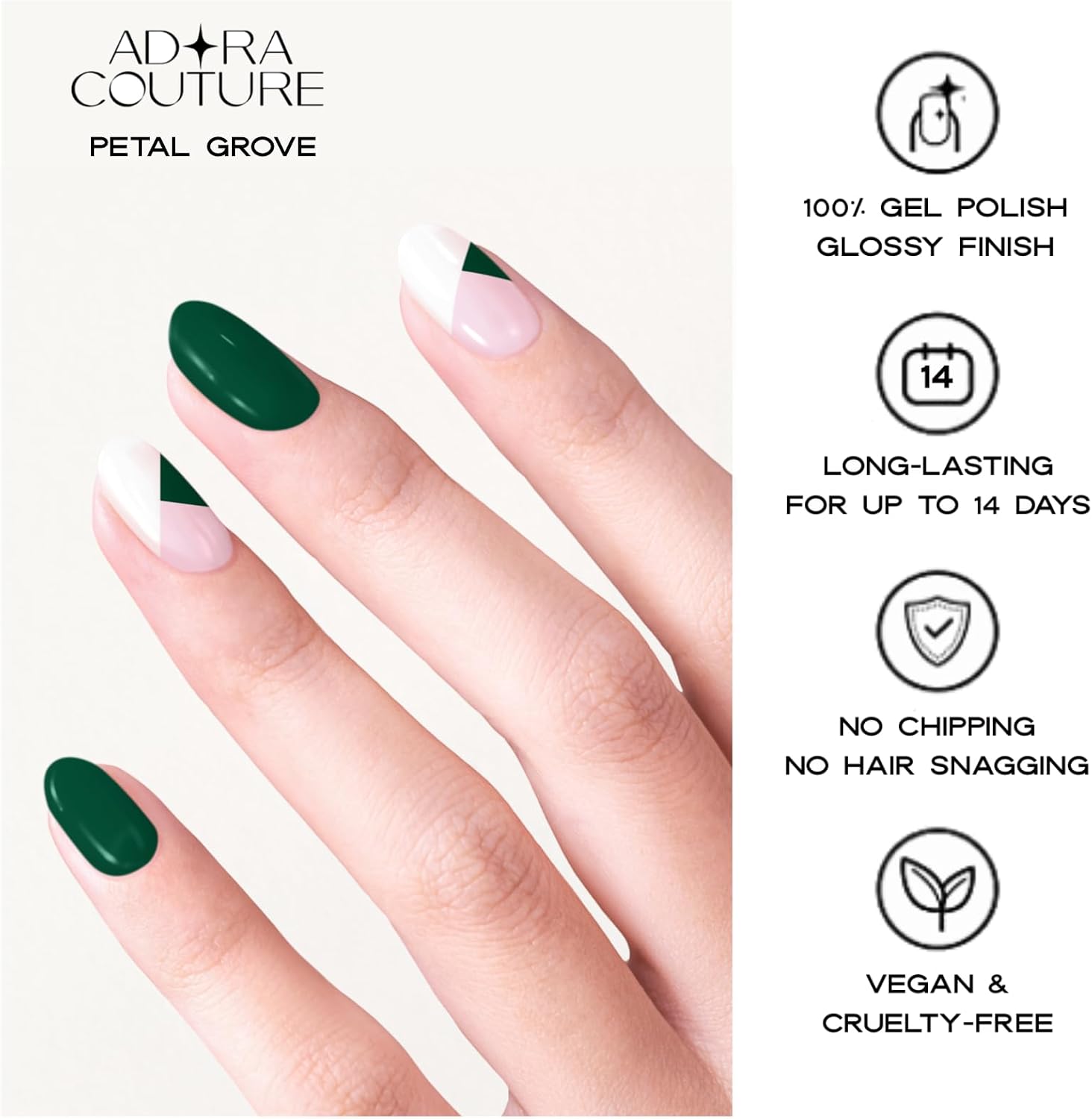 Adora Couture Semi Cured Gel Nail Strips with 30 Pieces, Salon Quality Wraps for Women, Beautiful Deep Green with Floral Accents UV Gel Stickers, UV Light Required, Petal Grove