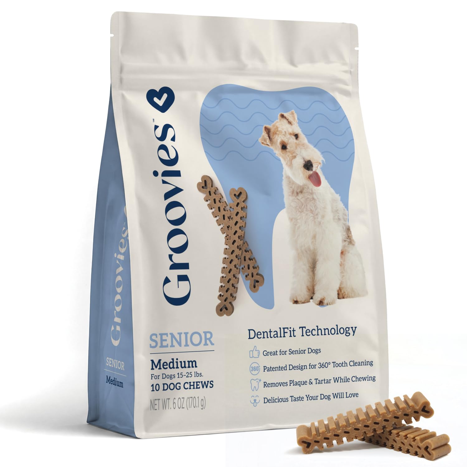 Groovies Senior & Gentle Chewers Dog Dental Treats, Flexible Texture, Patented Technology to Help Control Tartar & Freshen Breath, Medium Dog Chews (