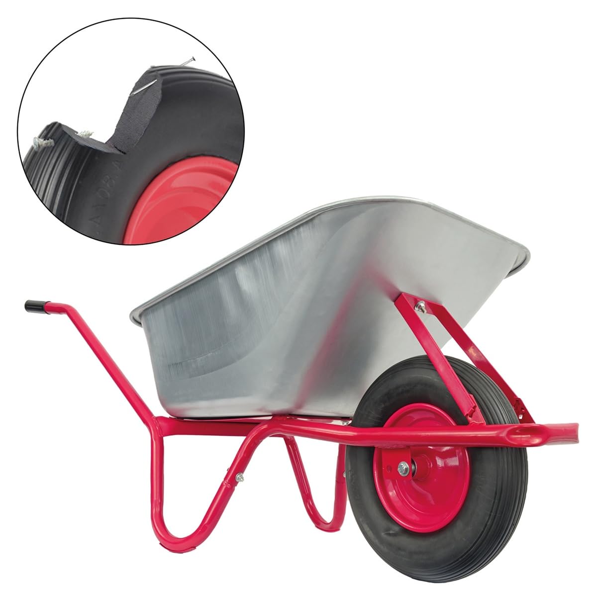 Matrix Schubkarre Profi 100l Liter 250 kg mit zusätzlichem Bodenblech pannensicheres PU-Rad Schubkarren groß Garten Scheibtruhe Bauschubkarre | Mulde verzinkt | Metall Felge mit Kugellager | Farbe rot