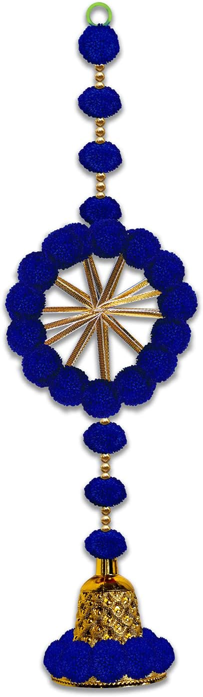 Handmade Pom Pom Beads & Gota Pati Ring with Golden Bell for Home Wedding Festival Decor,Office Home Diwali Decoration, Size 15.5 inches, Pack of 2, Colour Blue (RK-34202-2)