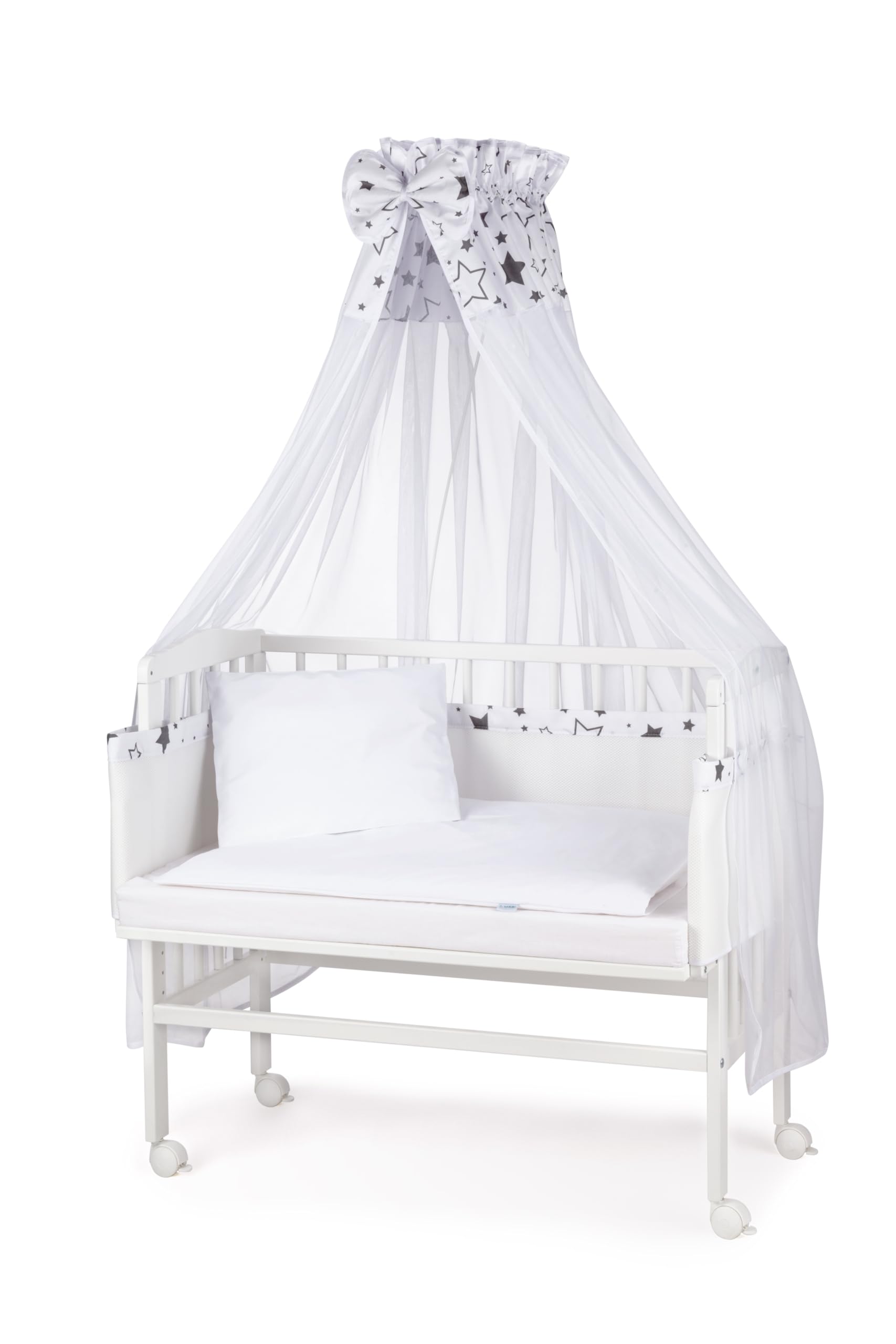 Waldin Baby Beistellbett mit Matratze und Stoffen, Höhen-verstellbar, Große Liegefläche 90x55cm, Weiß Lackiert, Weiß/SterneMix