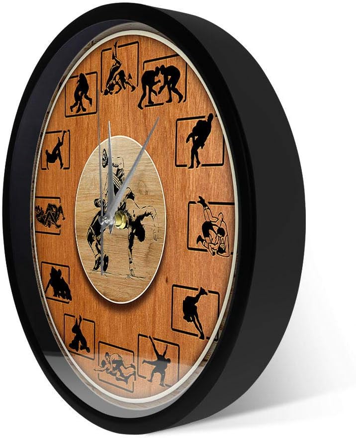 Combat Sport Wrestling Wood Texture Printed Wall Clock Wrestlers Living Room Home Decor Wall Art Silent Clock Wall Watch(Metal Frame)