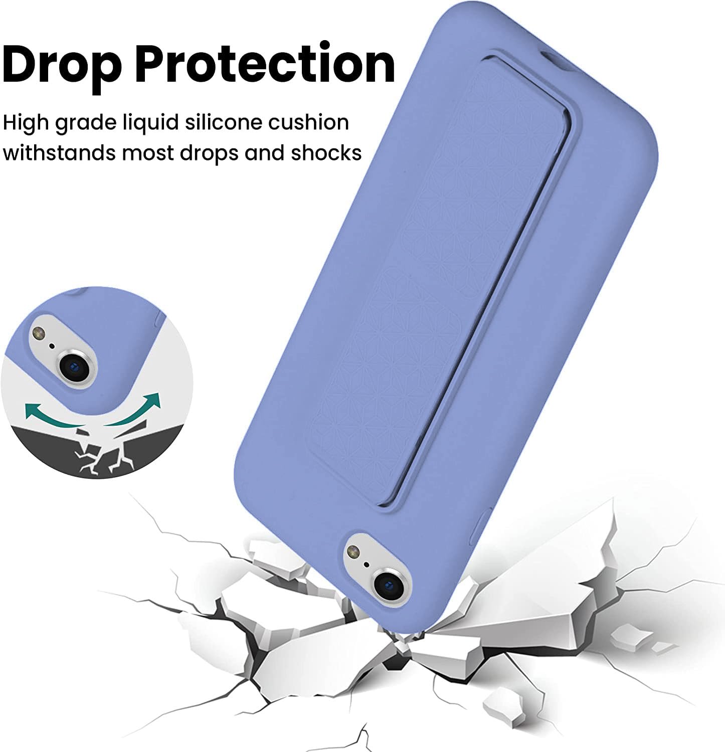 LAUDTEC - Funda de silicona compatible con iPhone 7/8/SE, soporte vertical y horizontal, correa de mano de metal, funda flexible de silicona líquida suave para iPhone 7/8/SE (morado)