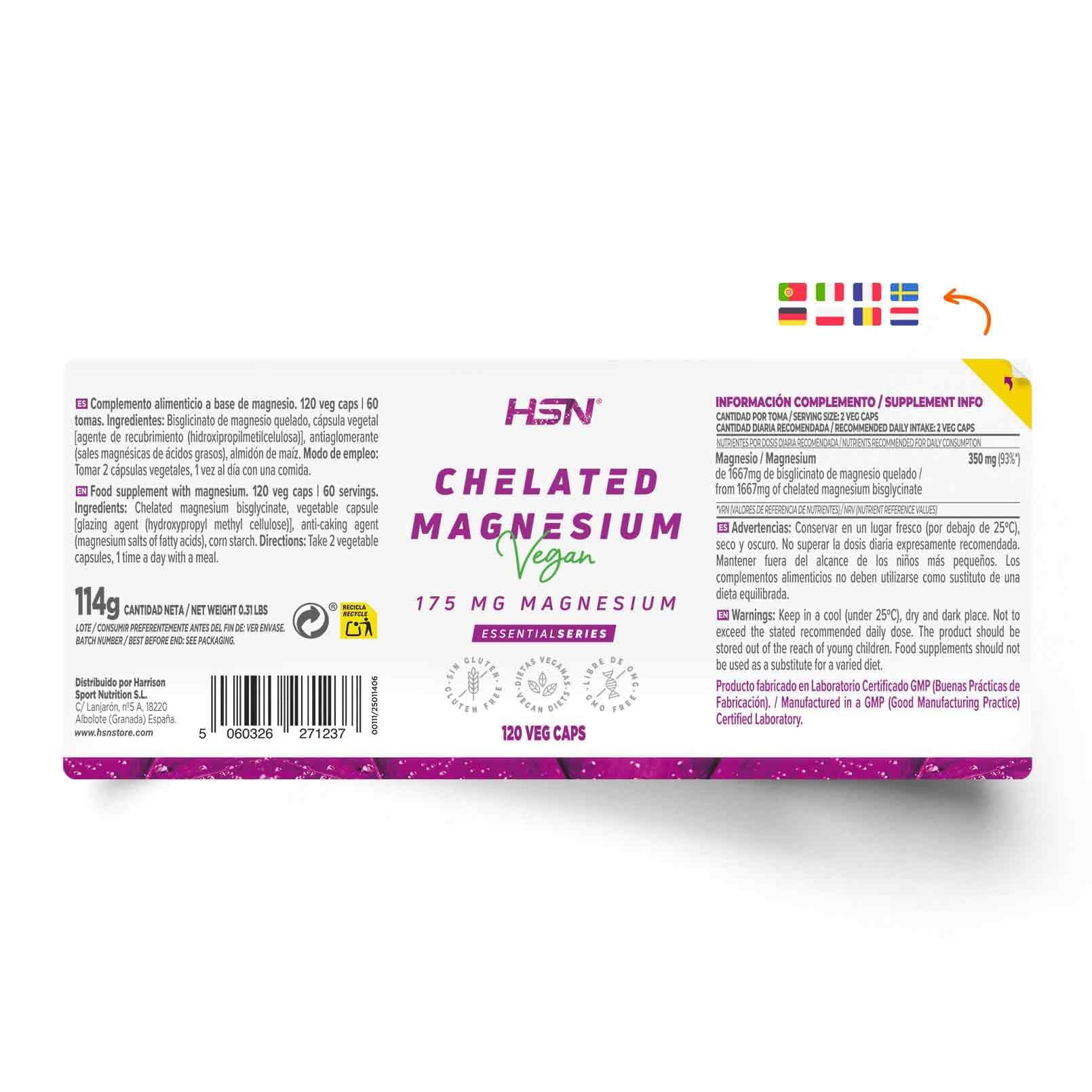 HSN Bisglicinato de Magnesio (100mg Magnesio Elemental) | 120 Cápsulas Vegetales | 100% Magnesio Quelado | Ayuda a Reducir el Cansancio y la Fatiga | Vegano Sin Gluten, No-GMO