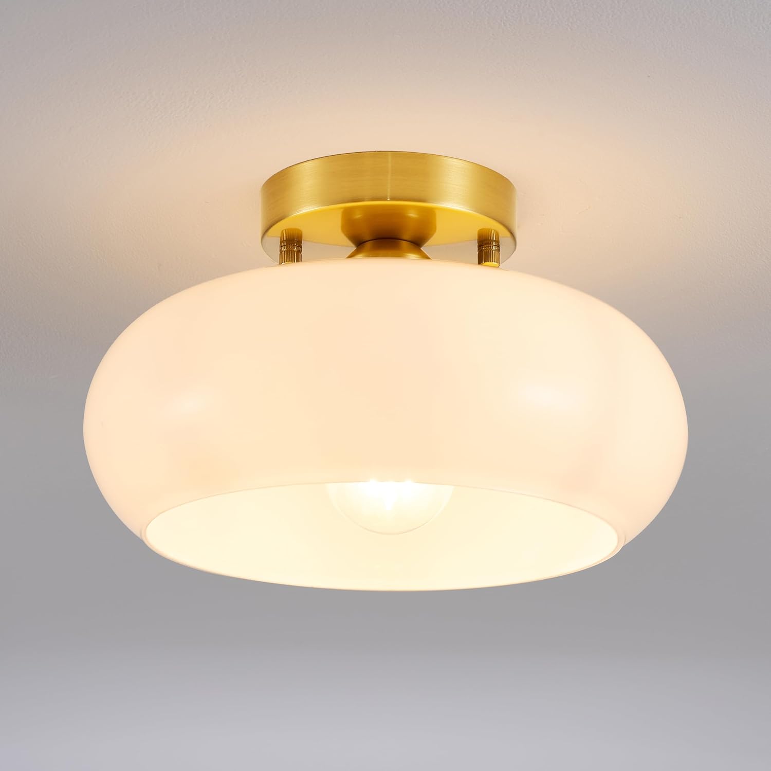 Semi Flush Mount Ceiling Light, 11 Inch Gold Mid Century Modern Ceiling Light Fixture with Hand-Blown Milk White Glass Shade, E26 Close to Ceiling Light for Hallway Entryway Kitchen Bedroom