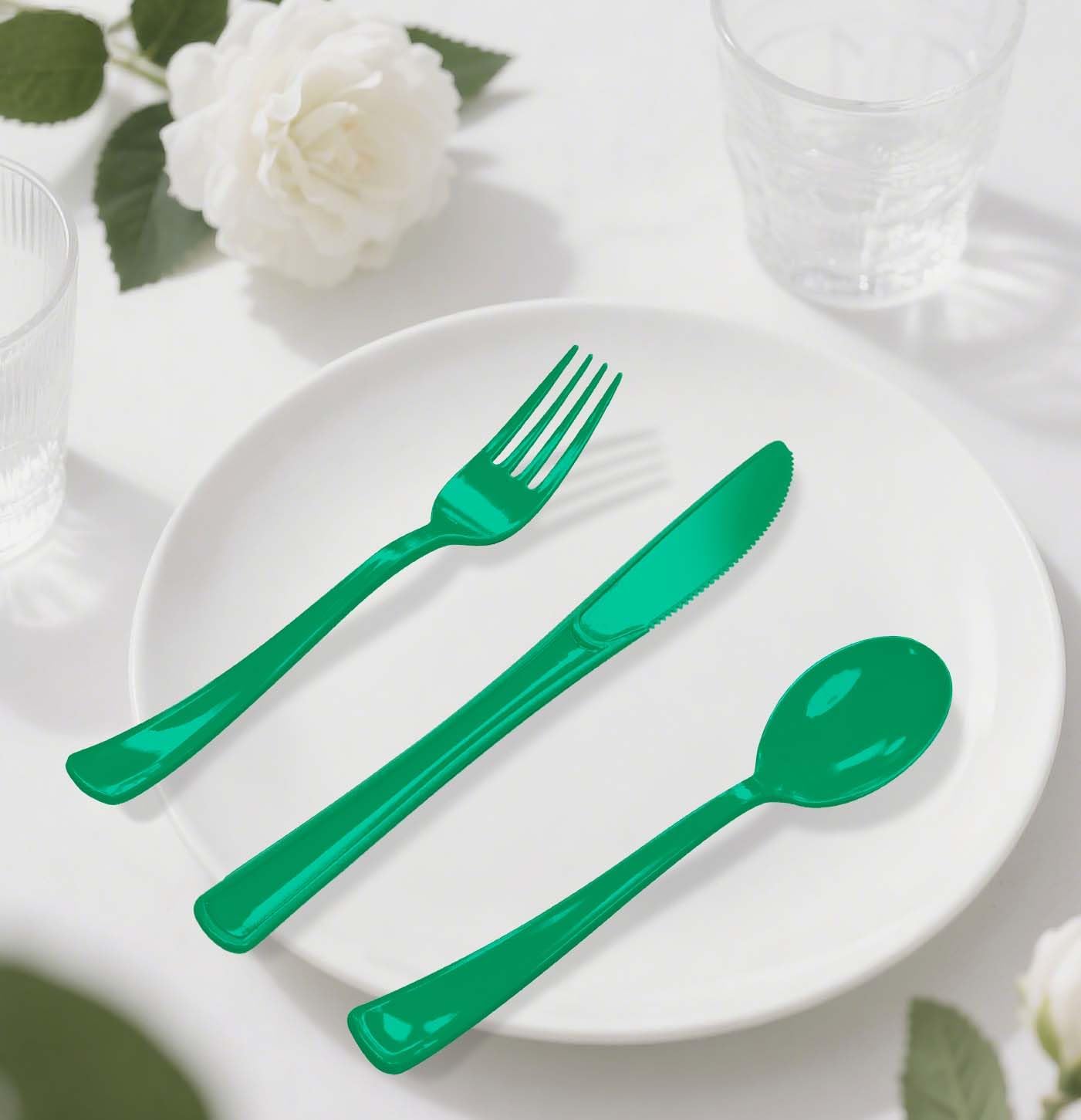 HEIPINIUYE 75 Pack Green Plastic Cutlery Heavy Duty Green Plastic Knives Forks and Spoons Disposable Silverware Set for 25 Guest Camping Birthday Baby Shower Party Cutlery Set