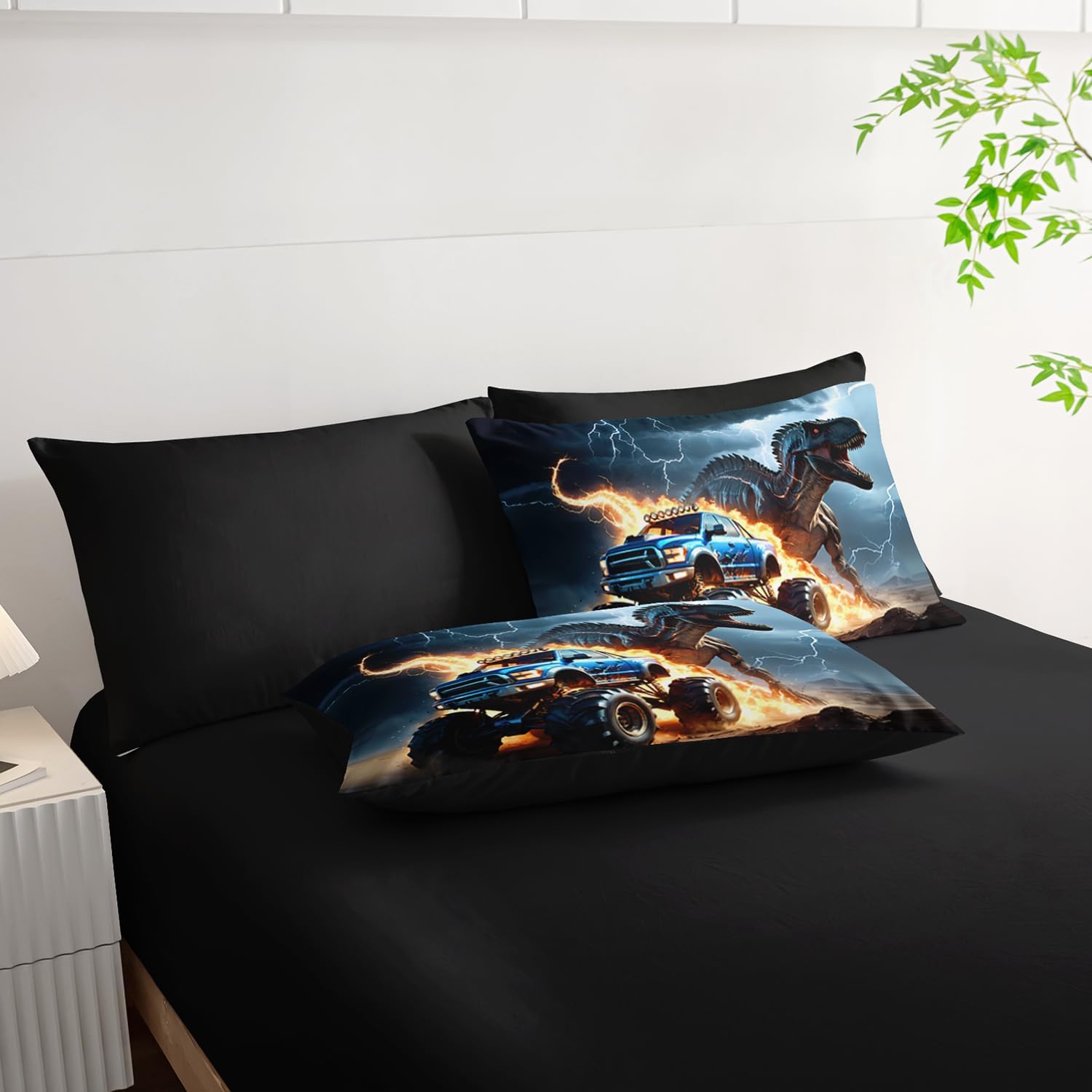 AILONEN Boys Dinosaur Comforter Set Twin,7Pcs Cartoon Monster Truck Bed in a Bag for Kids,Soft Breathable,3D Printed Comforter & Fitted Sheet with Flat Sheet & 2 Pillowcases,2 Pillow Shams,Black