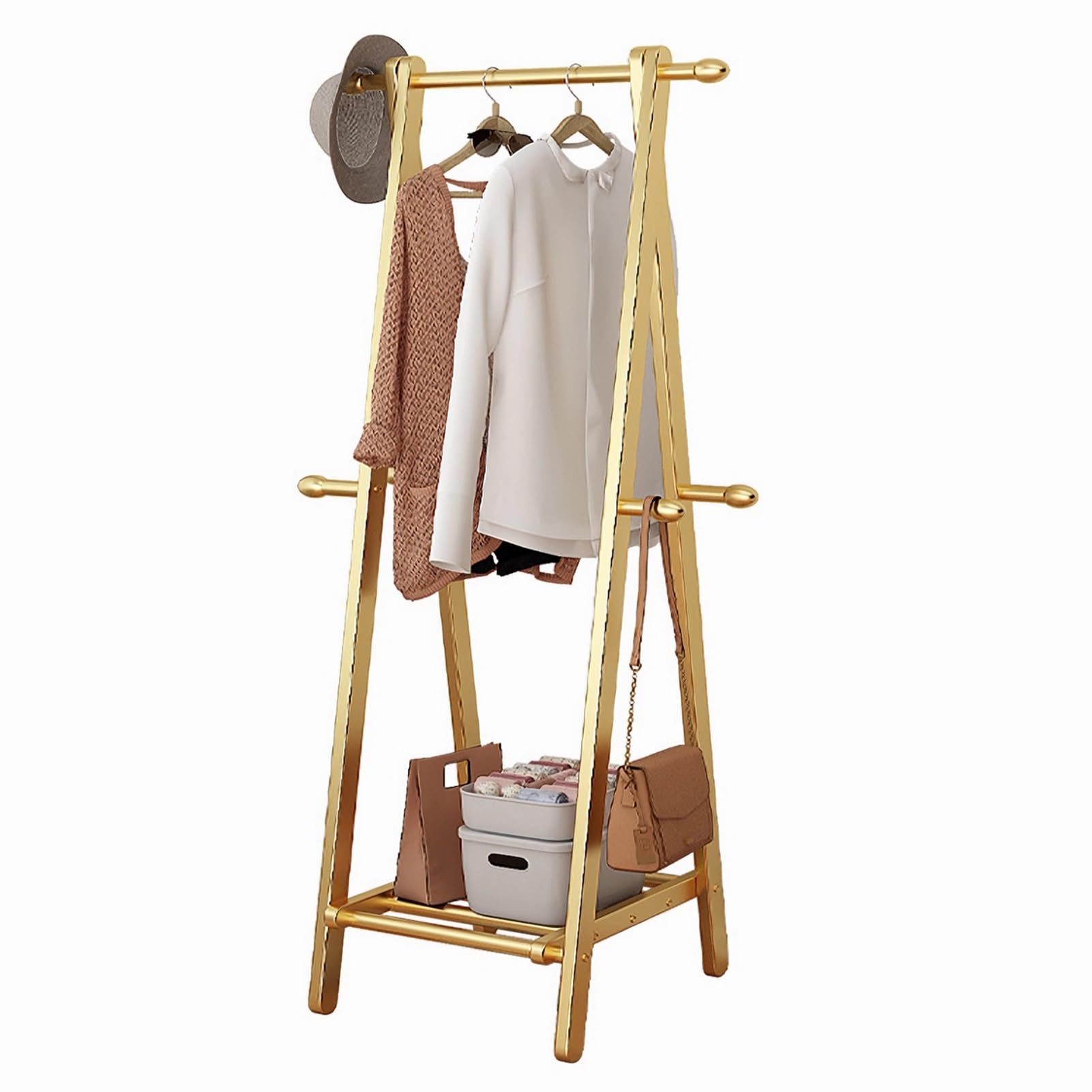 Portant à vêtements doré autoportant avec étagère de rangement basse