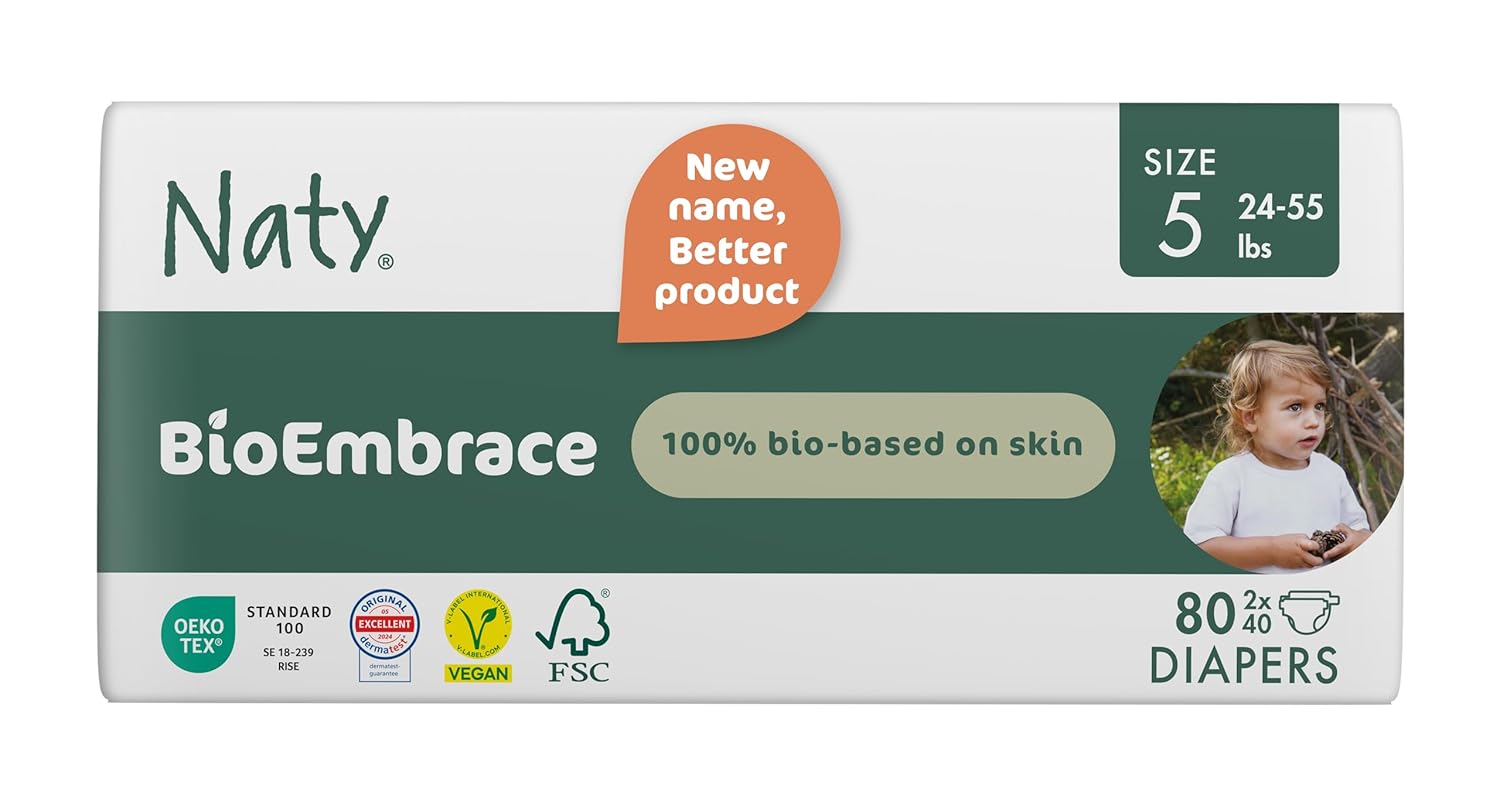 Naty BioEmbrace Baby Diapers Size 5 (2455 lbs) | 100% Biobased on Skin | Plant-Based Softness | Dermatologically Tested, Super Absorbent | 80 Count