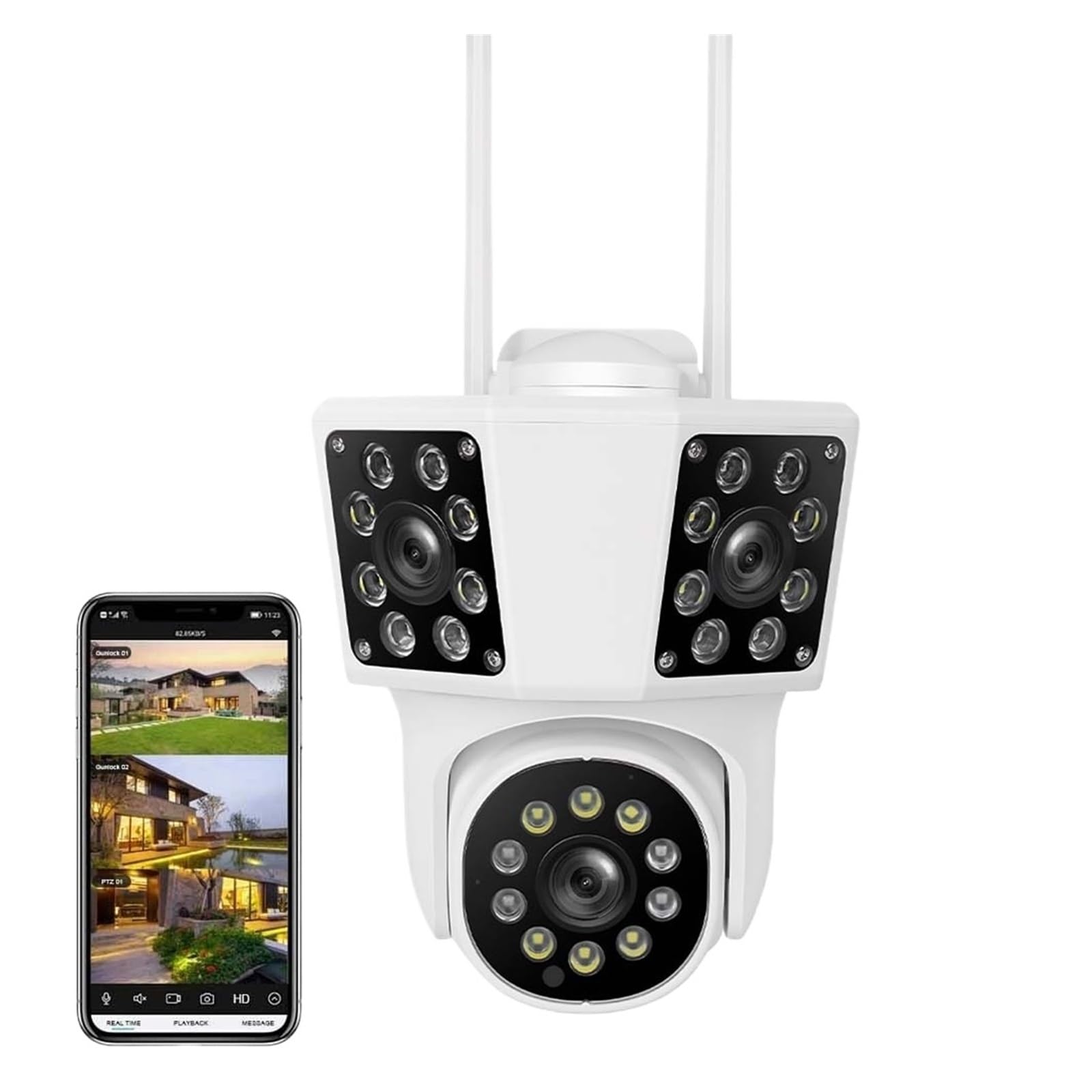 JVDDI Outdoor External 8MP FHD IP Camera Three Lens WiFi Camera Triple Screen Auto Tracking Security PTZ Camera Surveillance(8MP ADD 32G)