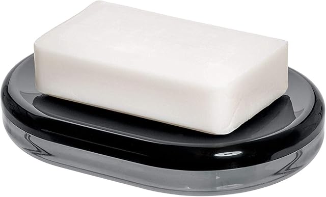 iDesign Soap Dish, Oval Soap Holder Made of Plastic for Bathroom or Kitchen, Soap Bar Storage with Drainage Hole for Sink and Shower, Black