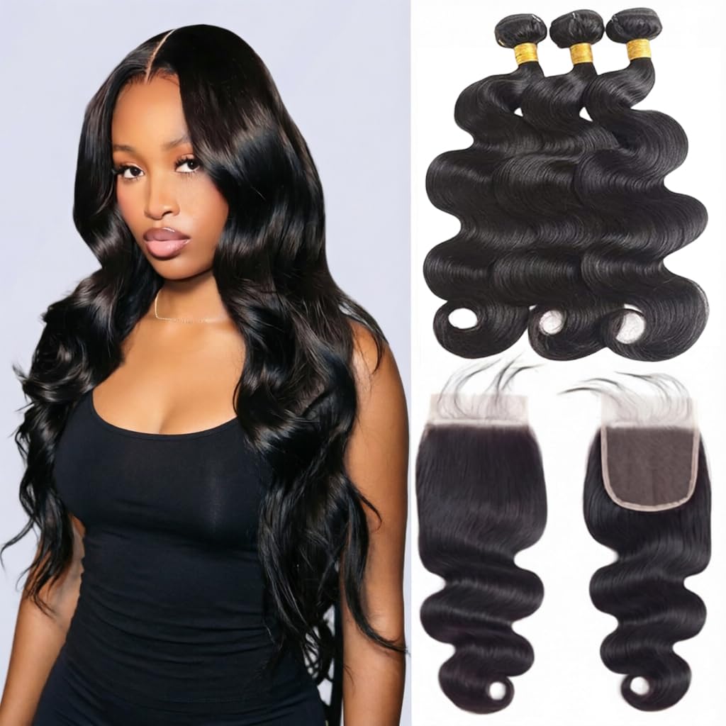 Body Wave Bundles with Closure Human Hair 16 18 20+14 Inch Brazilian Body Wave Human Hair 3 Bundles with 4x4 HD Lace Closure Free Part 100% Unprocessed Virgin Hair