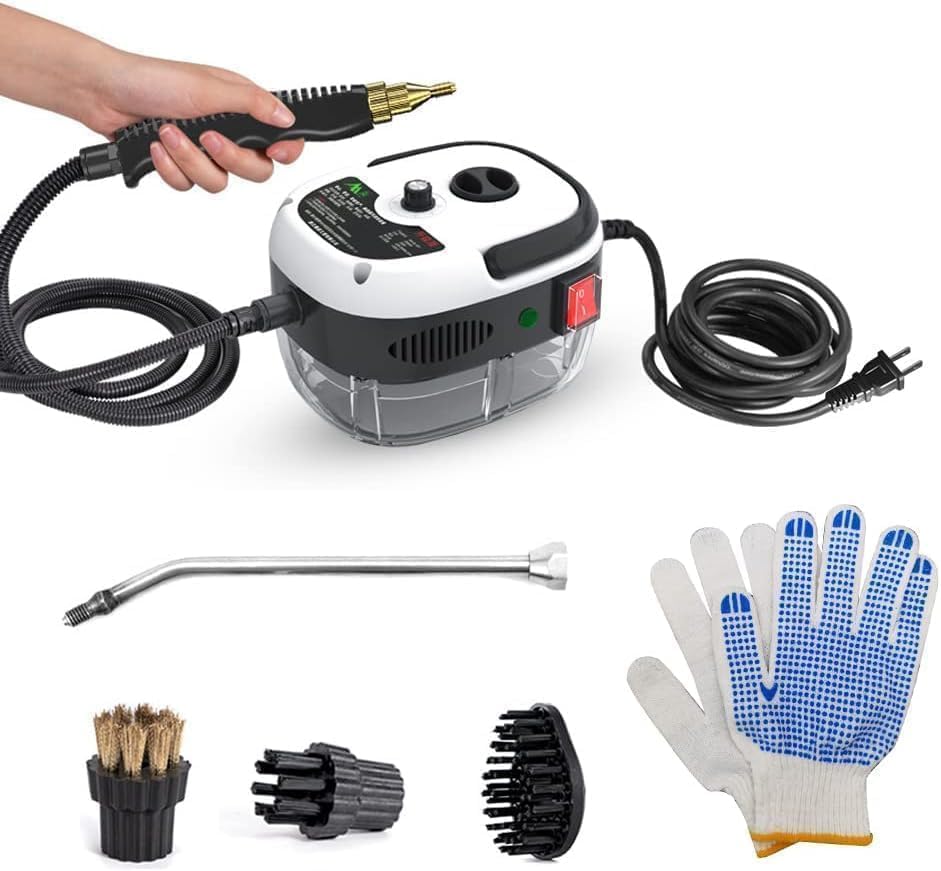 Decdeal Limpiador de vapor - Máquina de limpieza a vapor de mano a alta temperatura de 2500 W con cabezales de cepillo y guantes, para suelos de