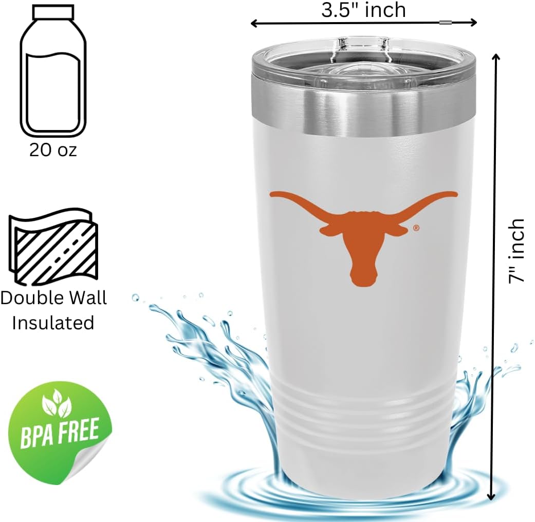 Game Day Outfitters University of Texas 20oz White Travel Tumbler- Stainless Steel Double Walled Beverage Tumbler with Acrylic Lid- UTA Longhorns Drinkware For Office, Home, Auto, Campus - Image 4