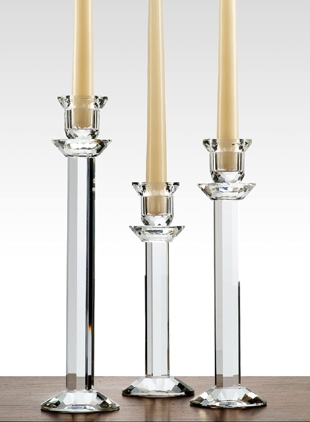Serene Spaces Living Medium Modern Cut Stem Crystal Candlestick, Pillar Candle Holder, Tapered Candlestick Holder for Dining Room, Wedding, Anniversary, Christmas, Party, Measures 10.5" Tall