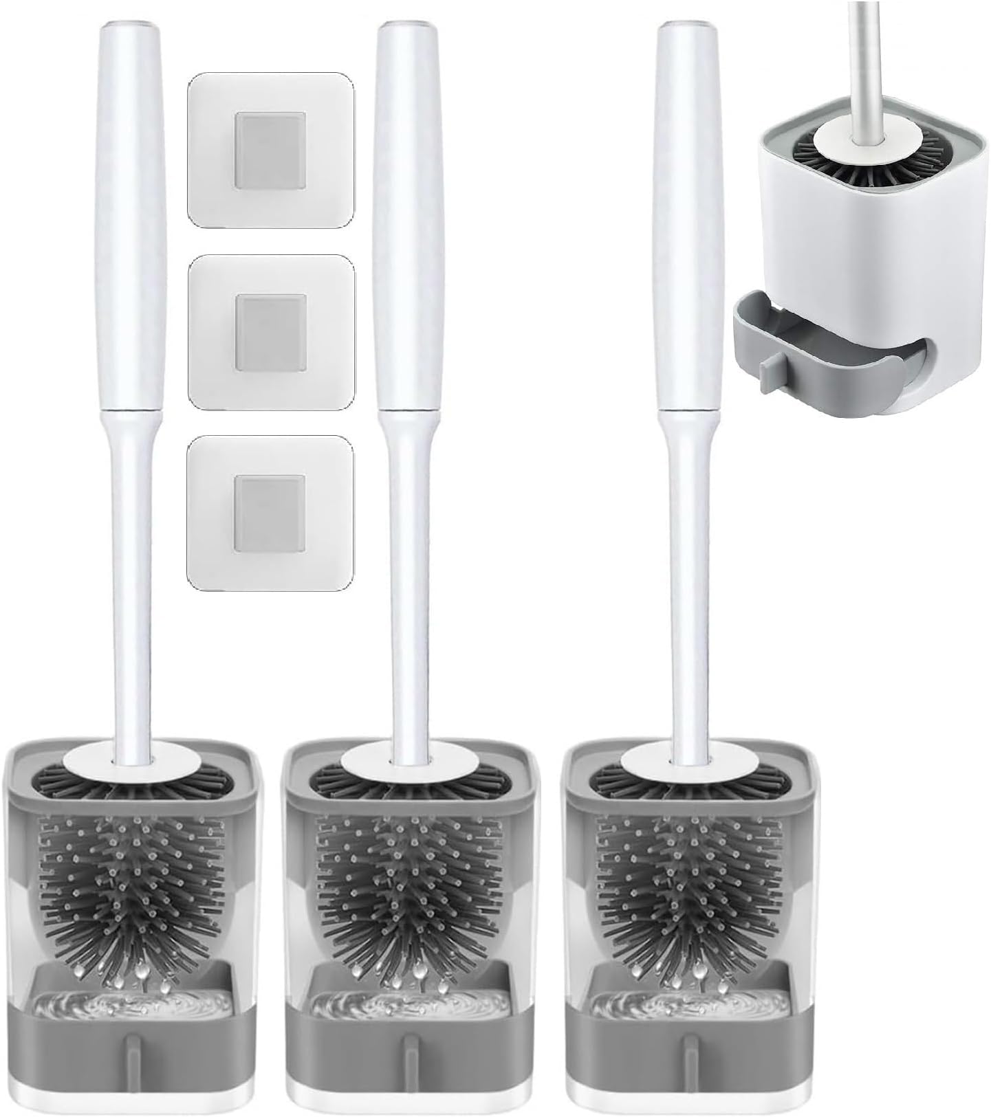 Pack of 3 Silicone Toilet Brush with Holder Stand, Bathroom Toilets Bowl Cleaning Brush with Non-Slip Long Handle Floor Standing Holder & Wall Mounted Without Drilling Quick Drying Holder Set