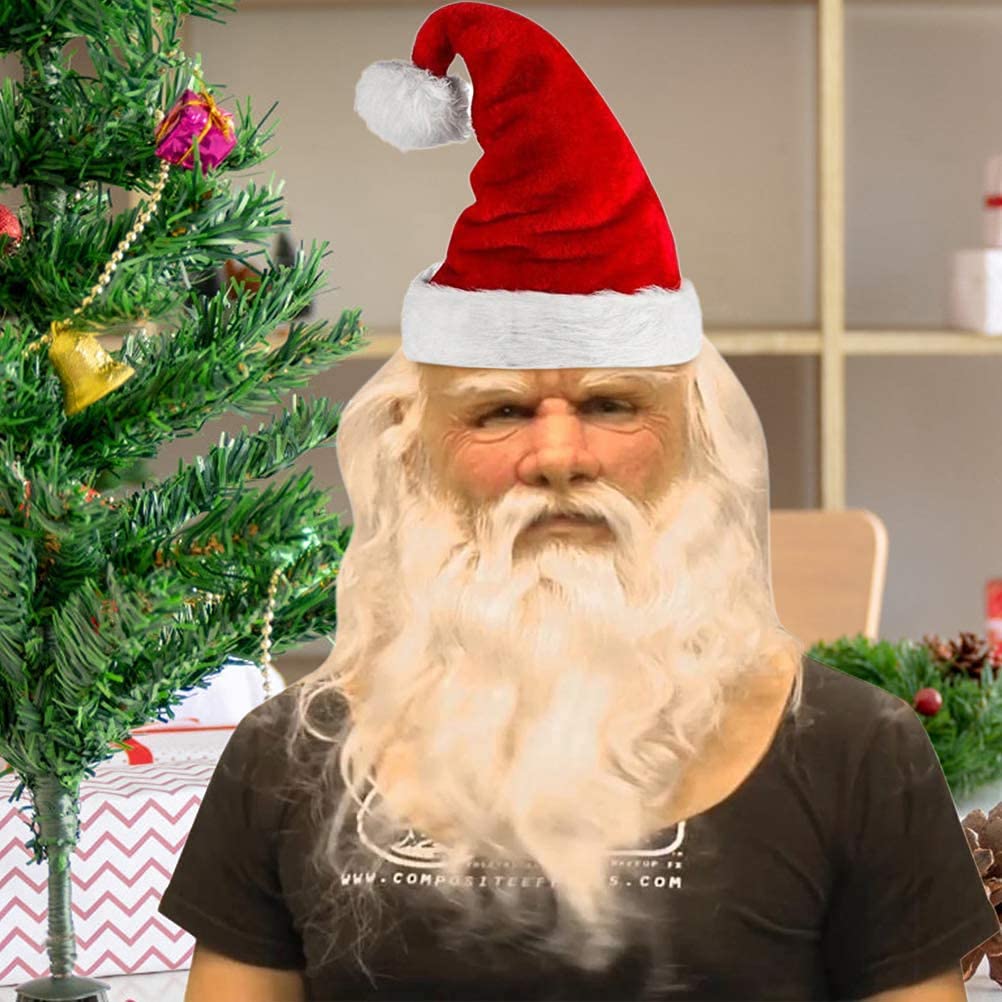 XIXIMAON Adult Christmas Santa Beard Wig hat Set Santa Claus Costume Deluxe Latex face Mask Value Realistic Headgear (Red White - Image 3