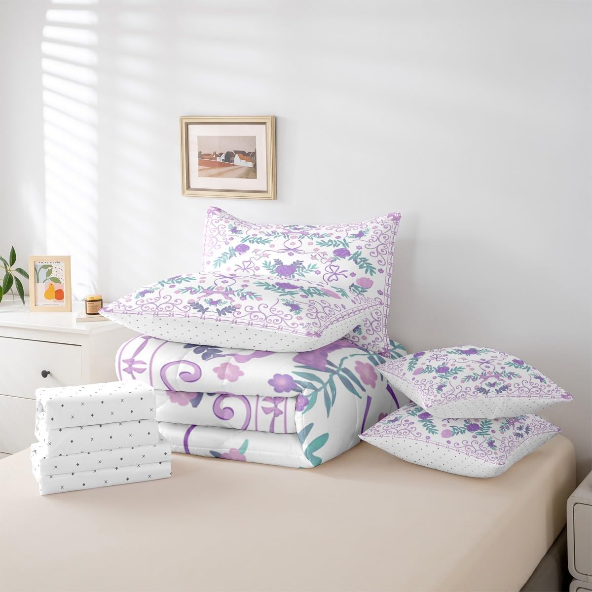 Erosebridal Purple Bow 7 Pcs Comforter Set Queen Floral Coquette Bowknot Bedding for Girls Bow Tie Bohemian Sheet Set Bed in A Bag Farmhouse Preppy Room Decor Vinatge Watercolor Bows Bed Set