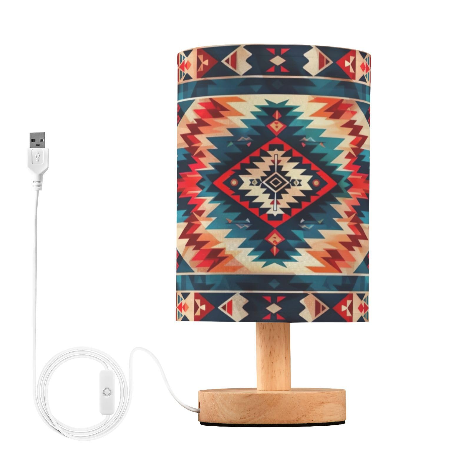 SKYSHU Aztec Bedside Table Lamp, Small LED Desk Light USB Nightstand Lamp with Non Slip Wood Base & Eye-Friendily Lampshade for Living Room Bedroom Dorm Home Office Desk Decor