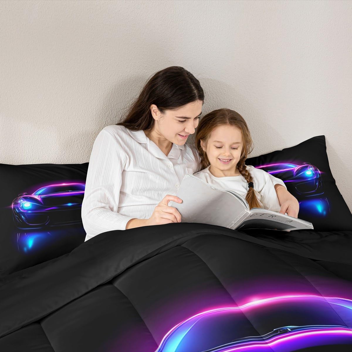 Erosebridal Neon-Bettwäsche-Set für Kinder, Aquarell-Autos, Bettdecken-Set für Kinderzimmer, Retro-Speed-Rennwagen, Hot Pink, Sport-Rennspiele, Steppdecke, Lila, Blau und Schwarz