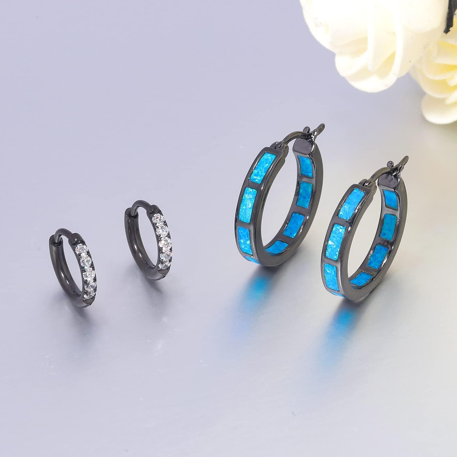 CiNily Sterling Silver/Rose Gold/Yellow Gold Plated Hoop Earrings 20mm,Multicolor Opal Small Hoop Earrings for Women Girls Hypoallergenic Jewelry for Sensitive Ears Gemstone Earrings - Image 3