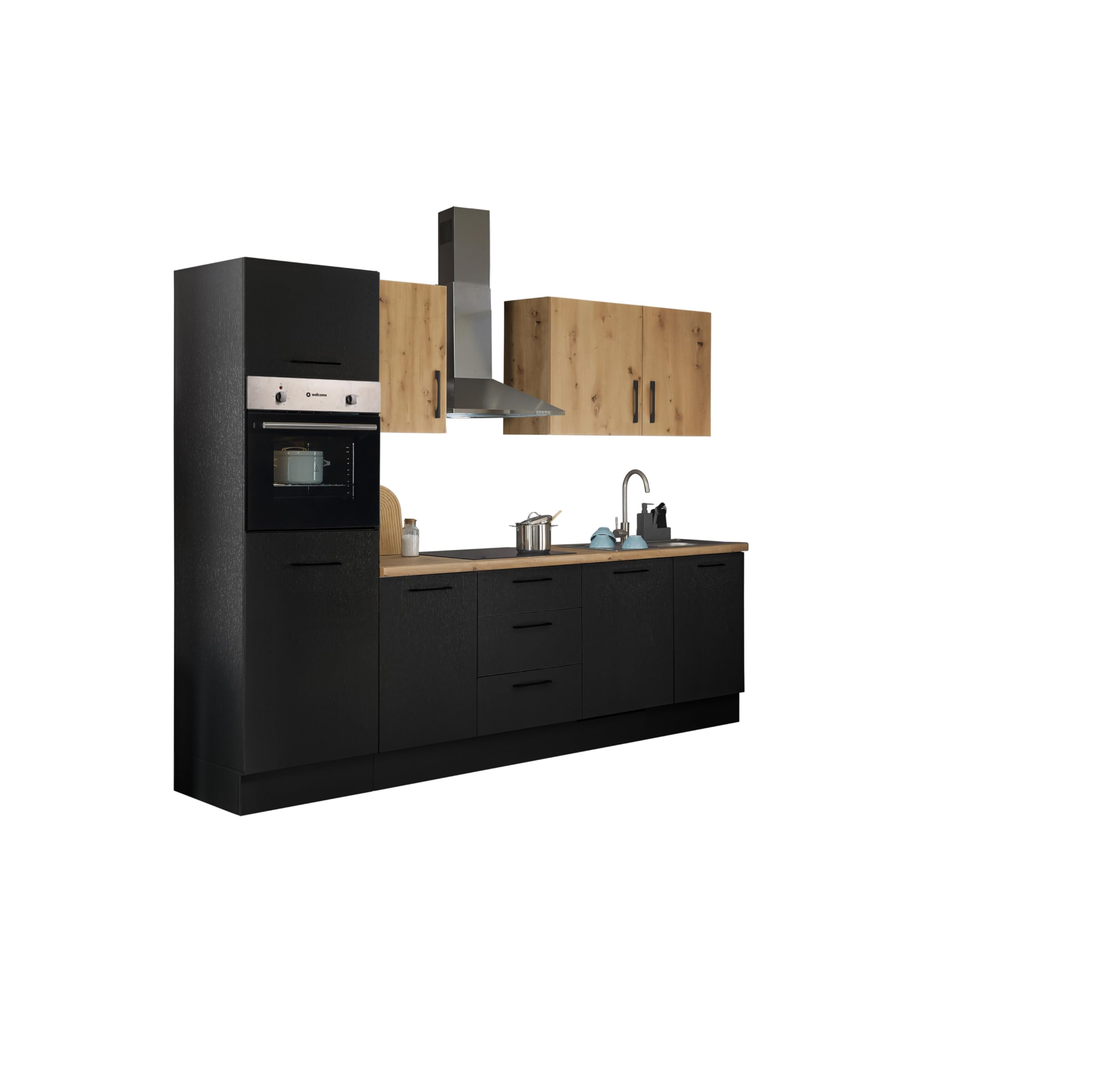 Stella Trading Turin ZB Küchenzeile 280 x 211 x 60 cm, schwarz - Ohne Küchengeräte - Moderne, geräumige Küche in Artisan-Eiche Optik mit viel Stauraum
