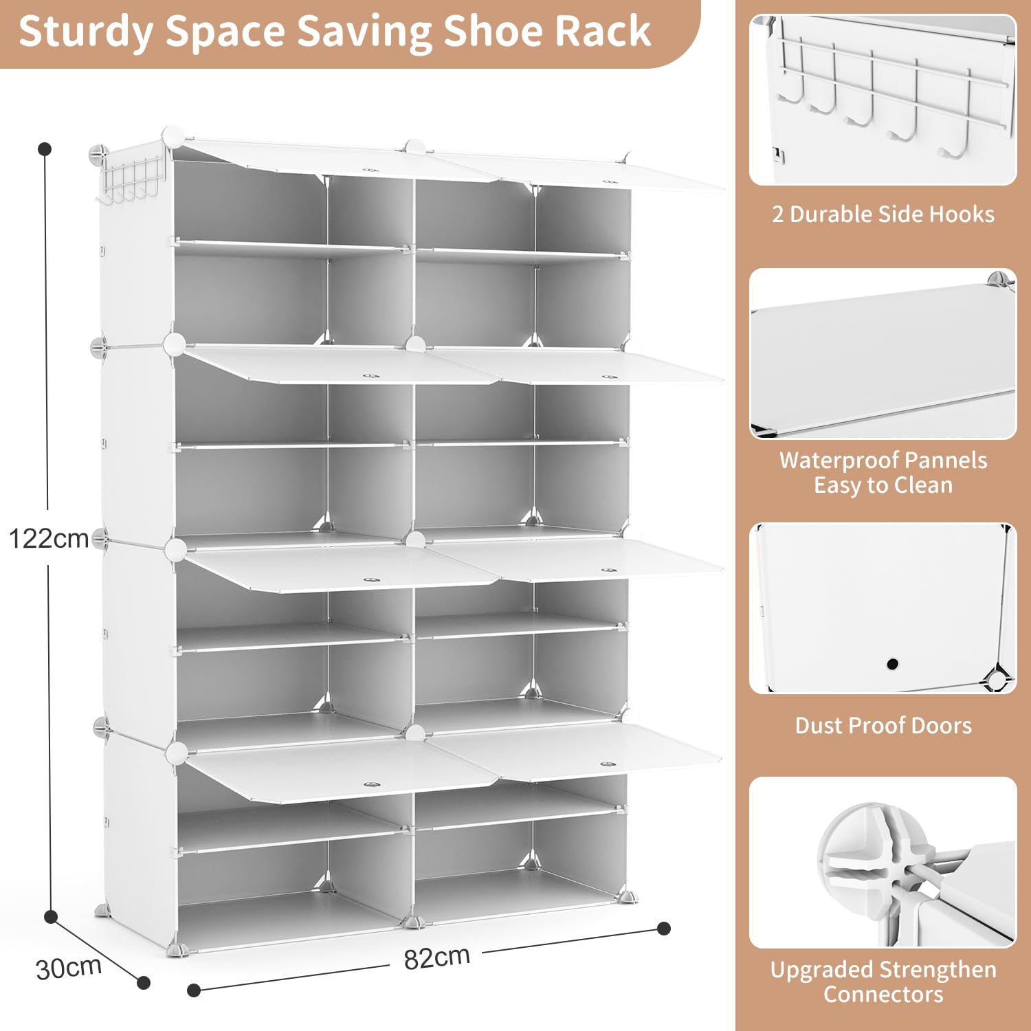 Vicye Scarpiera organizer a 8 ripiani, 32 paia di scarpiere, organizer portatile, scarpiera salvaspazio, per armadio, ingresso, camera da letto, corridoio (bianco, 2 x 8)