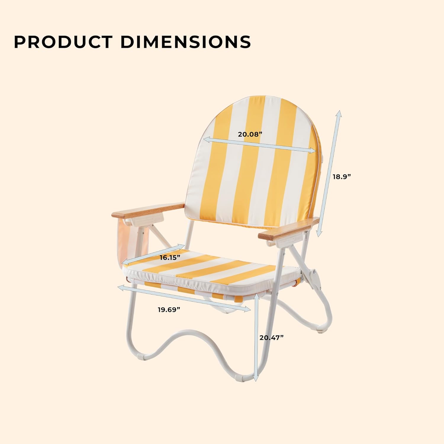 Padded Low Beach Chair, 4-Position Folding Outdoor Chair with Wooden Armrests, Cushioned Seat, Storage Pouch & Carry Strap for Beach, Patio and Lawn, Cala Serena Ochre Stripe