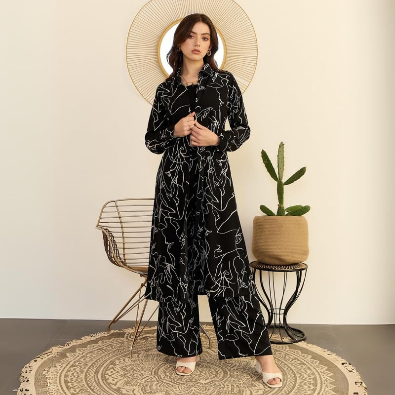 Image of Berrylush Women Spread Collar Neck Longline Top & Elastic Waist Trousers Co-Ord Set