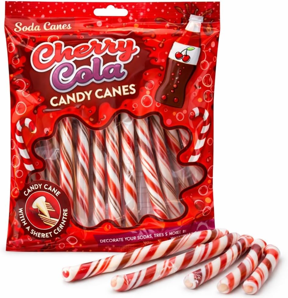 8 Sucres d'Orge Cherry Cola 96g — Saveur Soda Cola Pétillant — Bonbons pour Décorations de Sapin, Chaussettes de Noël & Friandises de Fêtes