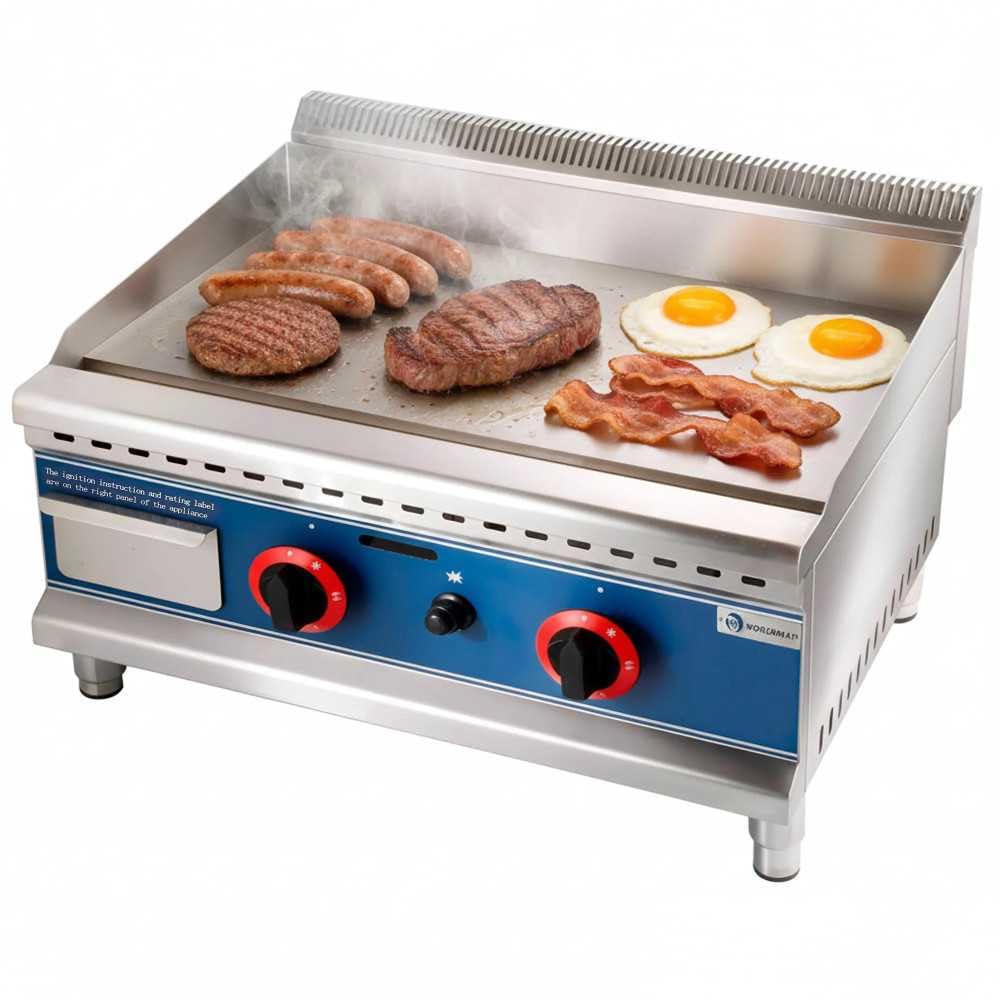 Plancha cromoduro a gas industrial WORLDMAI de 60 cm para hostelería. Plancha de asar profesional de sobremesa para cocina de bar y restaurante.