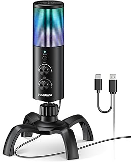 Aokeo USB Gaming Microphone, PC Computer Condenser Mic with Gain,RGB Light for Recording,Podcasting,Streaming,YouTube, Twitch,Skype,Compatible with PS5 PS4 Mac Laptop Desktop（Black）