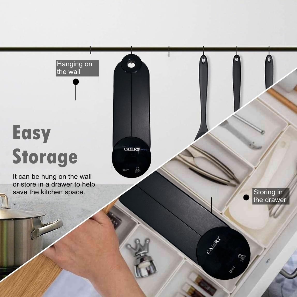 Image demonstrating storage options for the CAMRY EK2550 foldable digital kitchen scale, showing it hanging on a wall and stored in a drawer.