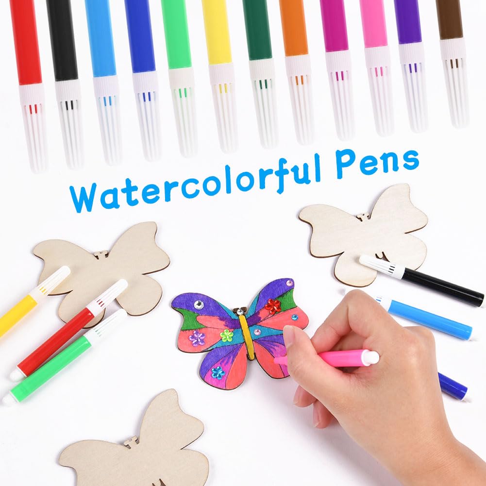 Kit Bricolage Papillon En Bois – 47 Pièces : 32 Papillons à Peindre, 12 Feutres Aquarelle, Autocollants Strass