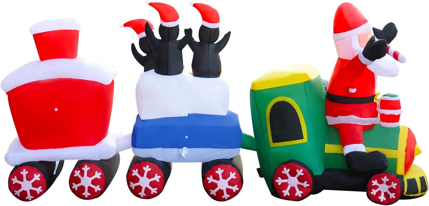 SEASONBLOW 8 Ft LED Lighted Inflatables Christmas Train with Santa Claus,Penguin Decorations Inflatable Yard Garden Lawn Indoors Outdoors Home