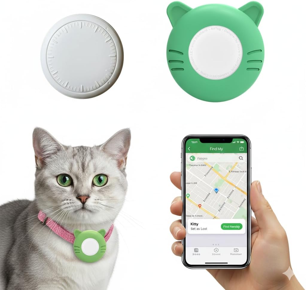 Smart Pet Location Tag with Holder – No Subscription, Compatible with Apple Find My (iOS Only), Lightweight Silicone Case, Clip-On Anti-Loss Accessory for Dog & Cat Collars, Bags (Green)