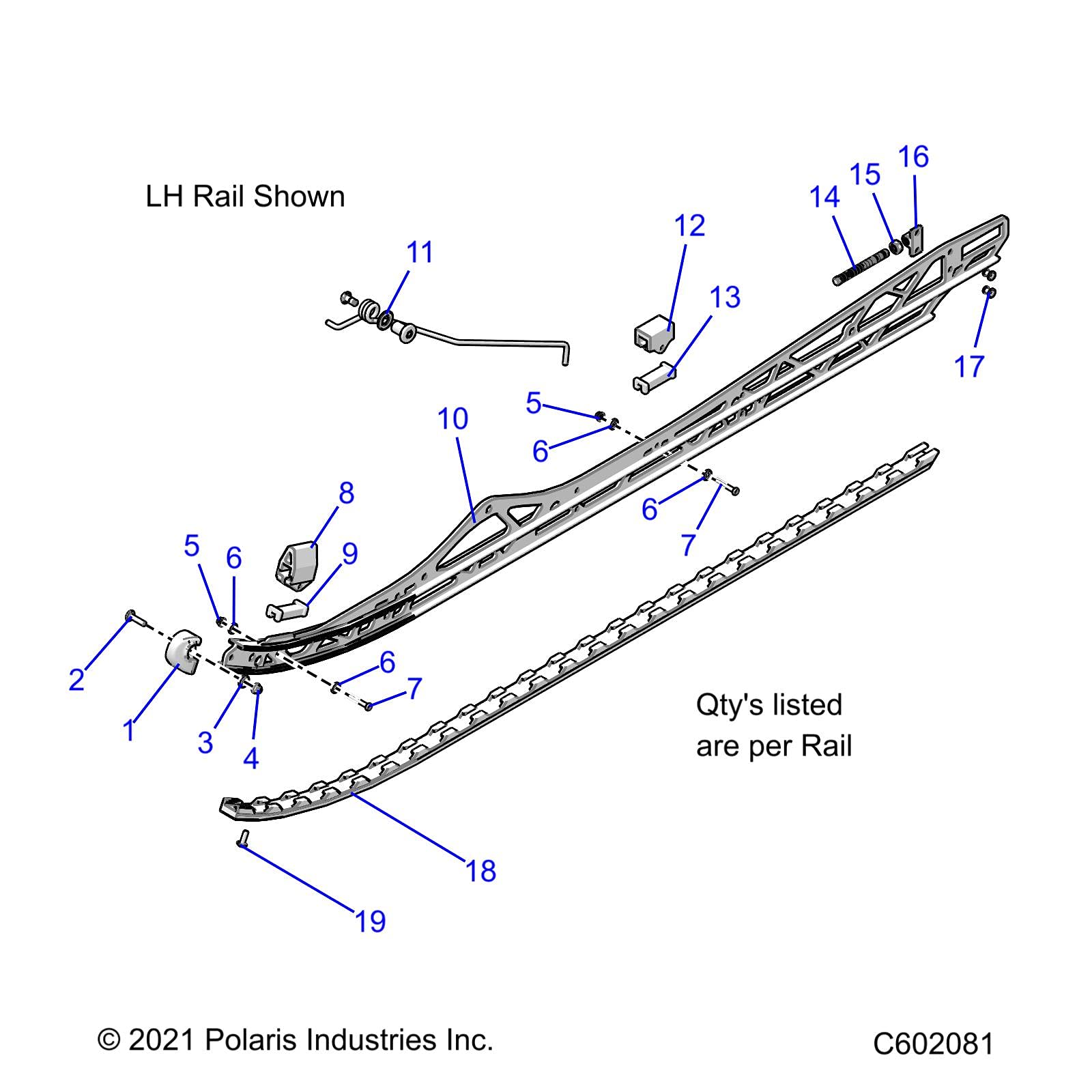 Polaris Snowmobile Rail Assembly, Basic Coil Over, Left, 3 in, Indian Sky Blue, Genuine OEM Part 1543529-737, Qty 1