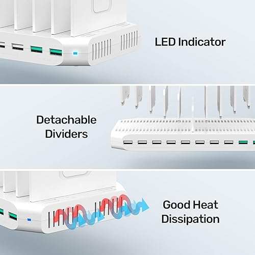 Miniatura 30 de Unitek Estación de carga múltiple, cargador USB de 10 puertos para múltiples dispositivos con tecnología SmartIC y divisores ajustables, soporte