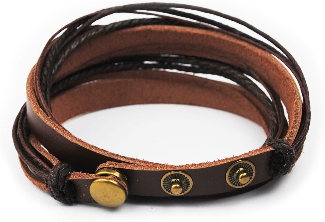 Genuine Leather Bracelet for Women & Men,Unisex Multilayer Leather Adjustable Bracelet Cuff Wrap Multicolor Rope Wristband