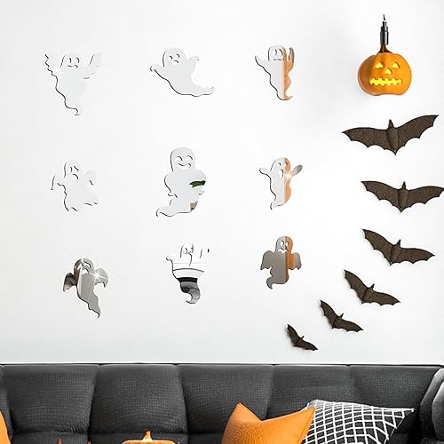 Miniatura 1 de Decoración de pared de fantasma de Halloween, 9 piezas, decoración de pared de fantasma blanco, calcomanías de pared de fantasma blanco, espejo