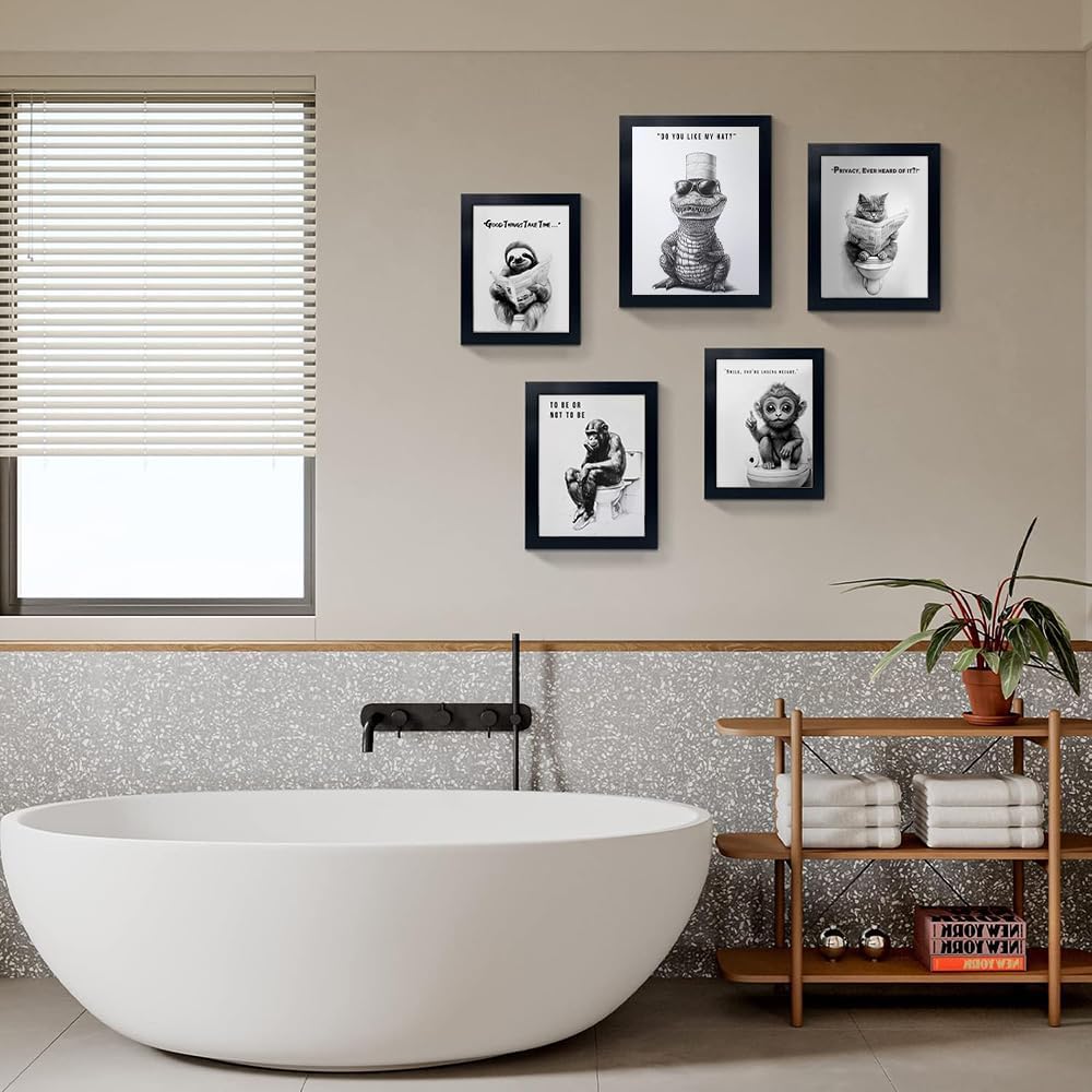 Framed Bathroom Wall Simple Decoration Fun Crocodile Wearing Toilet Paper Hat Black And White Frame Home Decoration Animal Canvas Printing Canvas Art