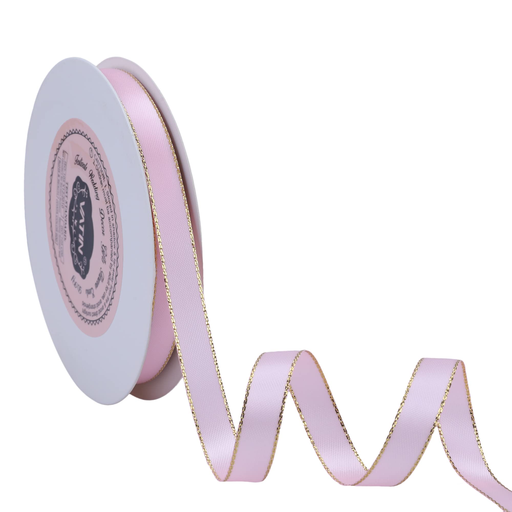 VATIN Double Faced Satin Ribbon 10mm Pink with Gold Edge 45m for Decoration Craft, Gift Wrappping Wedding Card Decoration