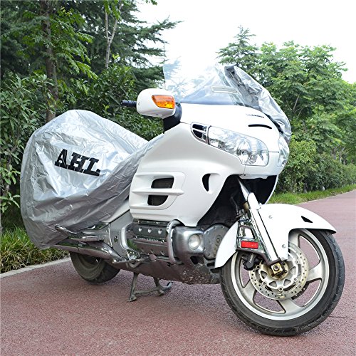 AHL Housse Protection pour Moto, Couverture Imperméable, bache Argente de Protection, Résistant aux déjections d'oiseaux, à l'eau, à la Poussière/Neige/Pluie, au Vent, UV (Argent,L) - Image 4