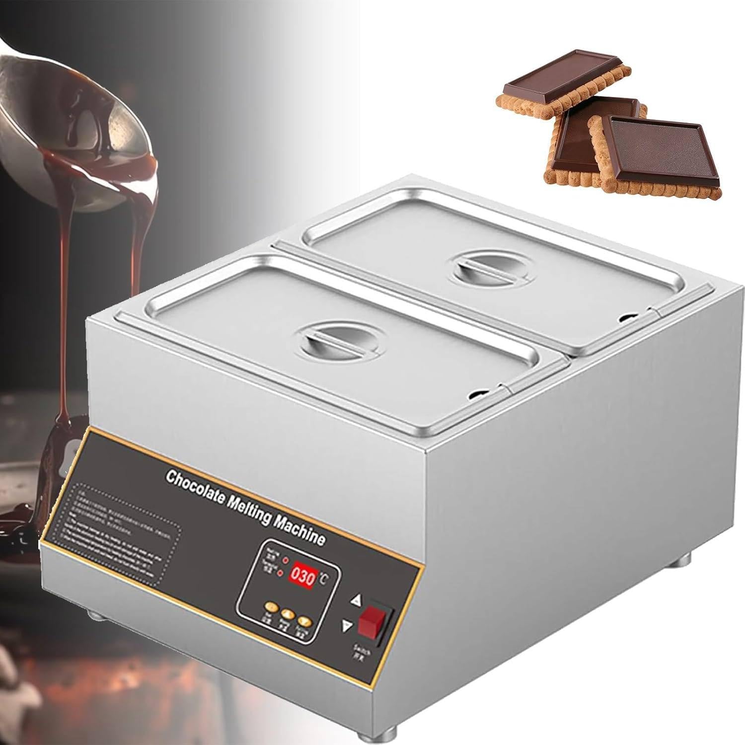 Machine à Fondre Le Chocolat, Machine à Tempérer Le Chocolat, Fondoir à Chocolat Commercial, Marmite à Chocolat, 500 W, 32 à 203 ℉ Chauffe-Plats électrique en Acier Inoxydable,6kg*2
