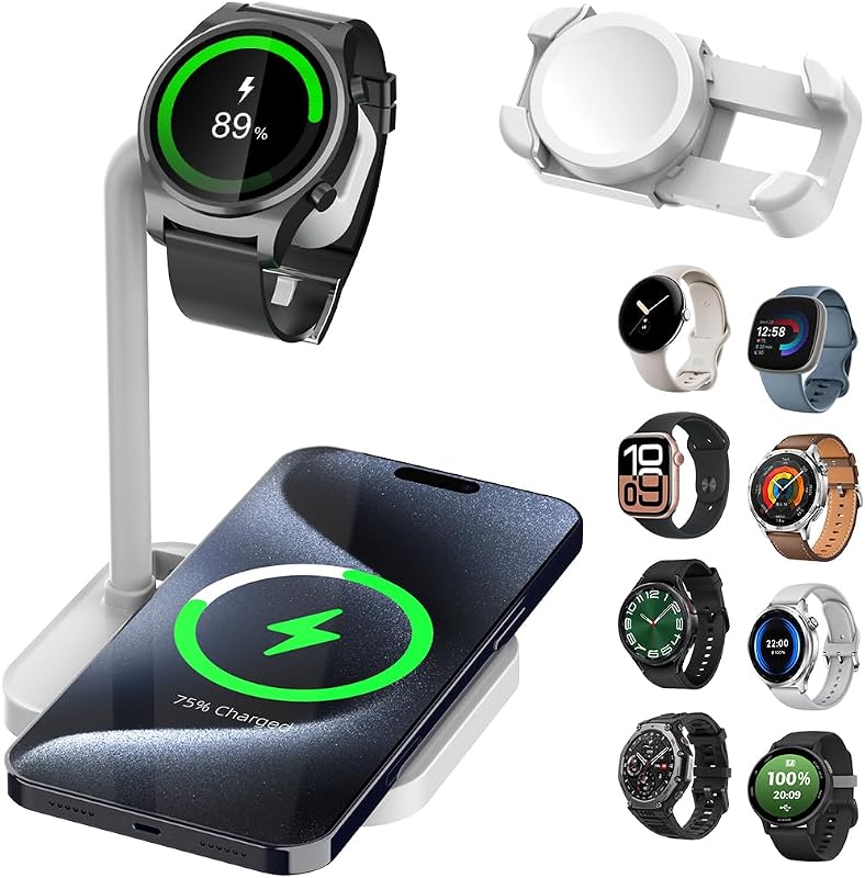 2 in 1 Wireless Charger Stand for Samsung/Apple/Google Charging Dock, for Huawei GT/Samsung Galaxy/Pixel/Garmin/Diesel/Fossil/Fitbit/Skagen/Michael/Galaxy/GT Watch Bracket Base(02SW-B)
