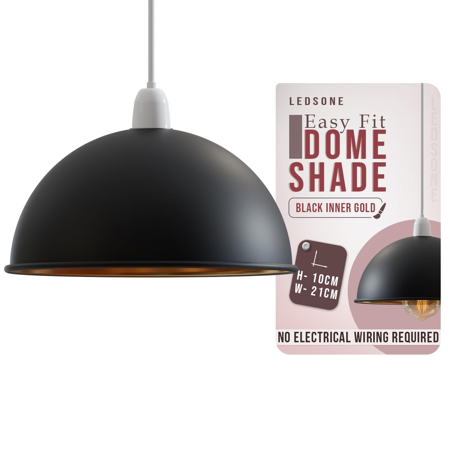 Ledsone Black Inner Gold Modern Dome Pendant Lamp Shade 21Cm Industrial Metal Replacement Ceiling Light Shade Easy Fit For Kitchen, Bedroom, Living Room, Dining Room, Hallway, Restaurant