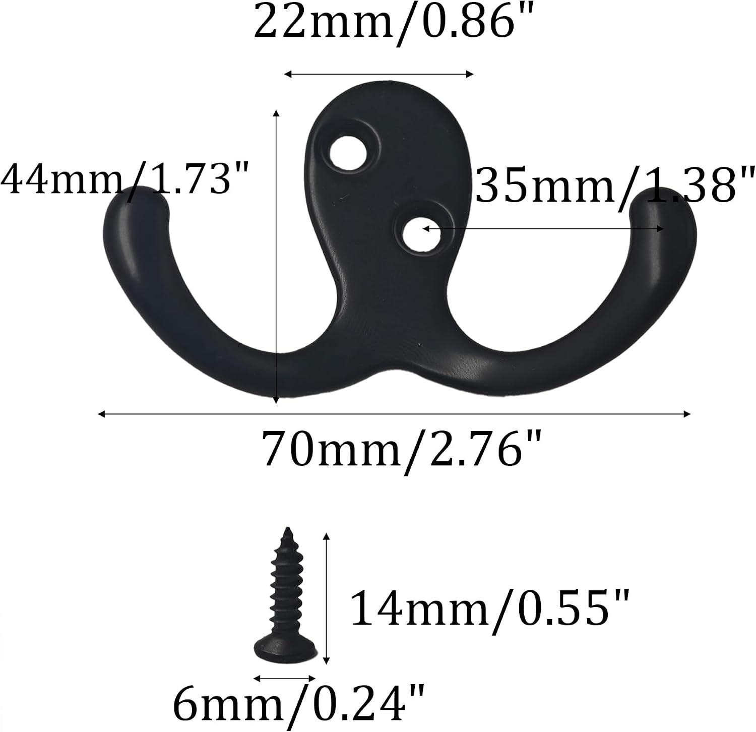 2PCS Double Prong Wall Hooks with Mounting Hardware, Metal Coat Hooks for Bathroom, Kitchen, Entryway Organization (Black)
