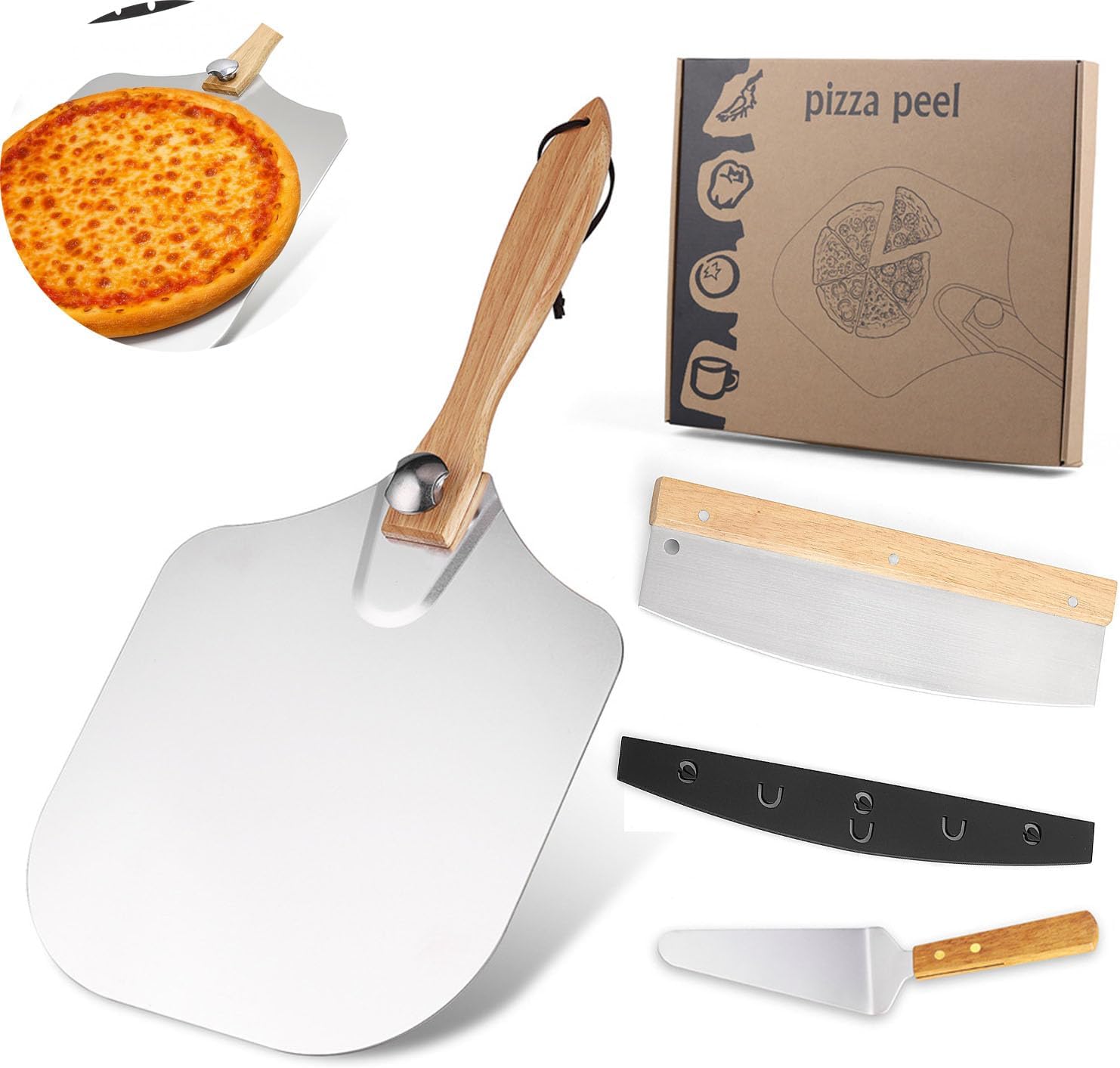 Pizza Peel Set with Rocker Cutter and Serving Spatula, 12 inch