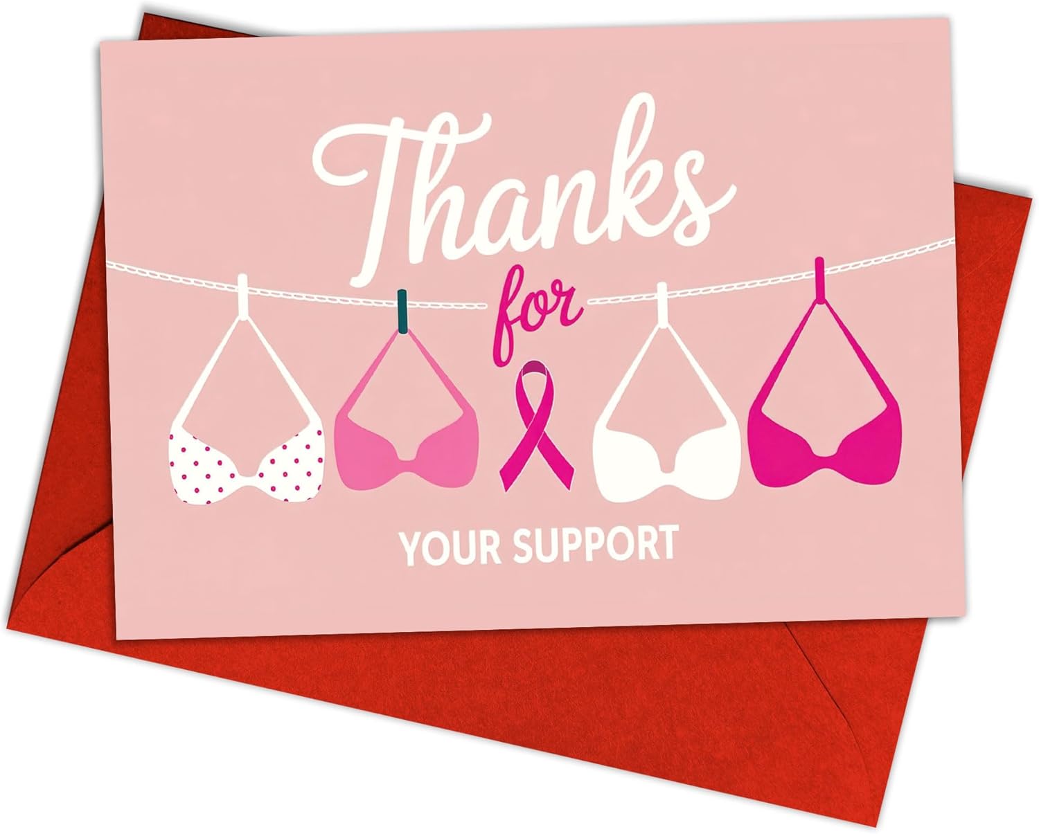 Breast Cancer Support Card – 'Thanks for Your Support' with Pink Bras and Ribbon Design – Inspirational Thank You Card for Breast Cancer Fighters and Survivors – Funny & Heartfelt Message – 8x5.3 Inch
